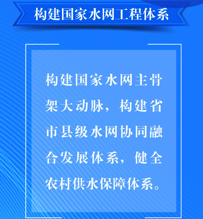 二、要構(gòu)建國家水網(wǎng)工程體系。構(gòu)建國家水網(wǎng)主骨架大動脈，構(gòu)建省市縣級水網(wǎng)協(xié)同融合發(fā)展體系，健全農(nóng)村供水保障體系。.png