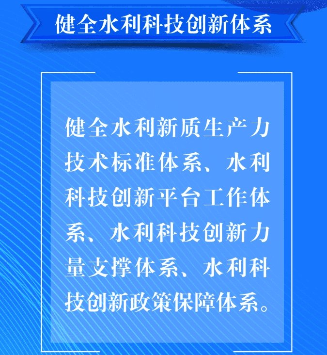 六、要健全水利科技創(chuàng)新體系。健全水利新質(zhì)生產(chǎn)力技術(shù)標(biāo)準(zhǔn)體系、水利科技創(chuàng)新平臺工作體系、水利科技創(chuàng)新力量支撐體系、水利科技創(chuàng)新政策保障體系。.png