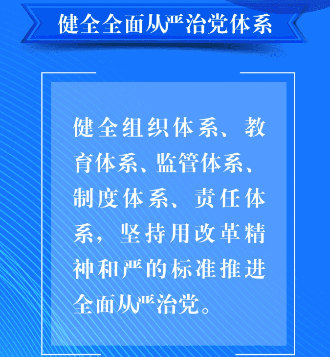 八、要健全全面從嚴(yán)治黨體系。健全組織體系、教育體系、監(jiān)管體系、制度體系、責(zé)任體系，堅持用改革精神和嚴(yán)的標(biāo)準(zhǔn)推進(jìn)全面從嚴(yán)治黨。.png